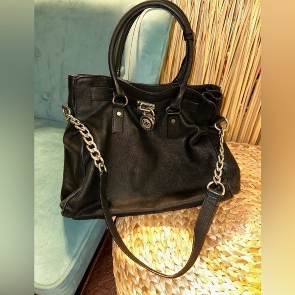 UGC MICHAEL KORS Hamilton Large Black Leather Satchel Tote Crossbody w/ Chain